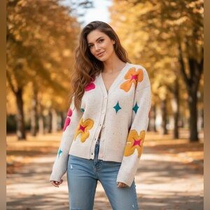 SAACHI Cream Cardigan with Colorful Floral Accents